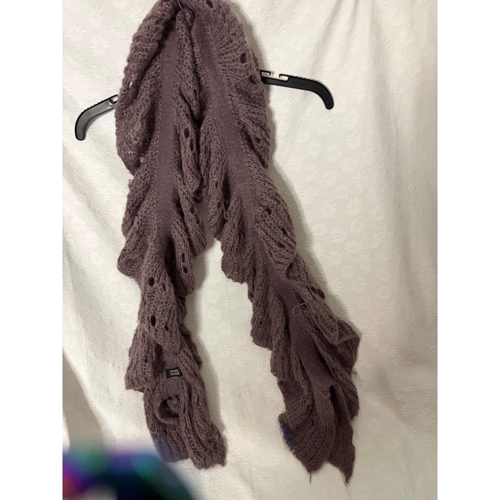Mauve Purple Wool Blend Open Knit Ruffle Scarf Boho Cottagecore Layering Wrap